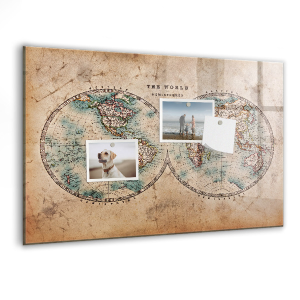 Decoratief glazen wandbord beschrijfbaar en magnetisch Wereldkaart met ruimte voor foto's