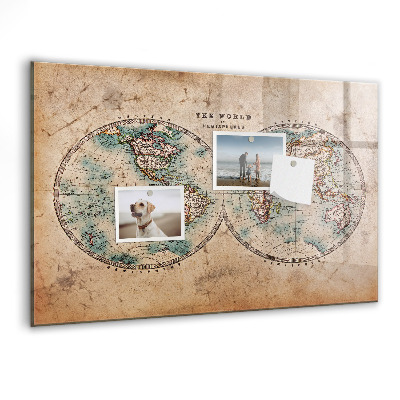 Decoratief glazen wandbord beschrijfbaar en magnetisch Wereldkaart met ruimte voor foto's