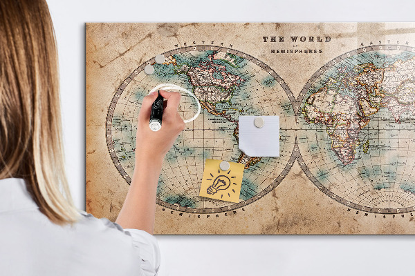 Decoratief glazen wandbord beschrijfbaar en magnetisch Wereldkaart met ruimte voor foto's