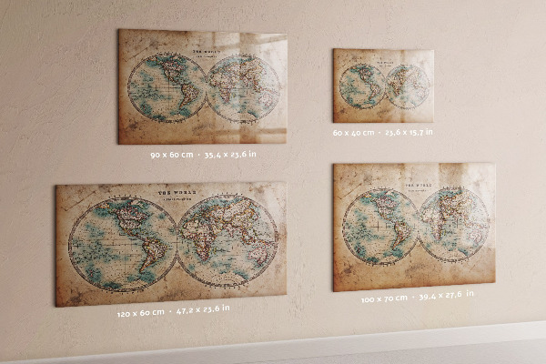 Decoratief glazen wandbord beschrijfbaar en magnetisch Wereldkaart met ruimte voor foto's