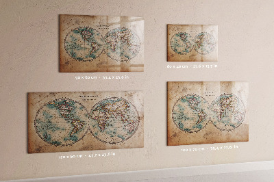 Decoratief glazen wandbord beschrijfbaar en magnetisch Wereldkaart met ruimte voor foto's