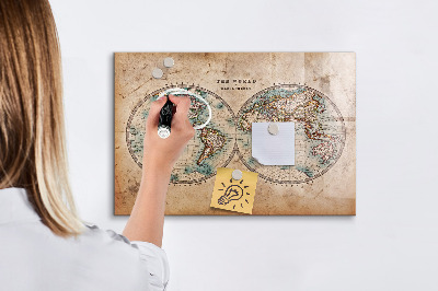 Decoratief glazen wandbord beschrijfbaar en magnetisch Wereldkaart met ruimte voor foto's