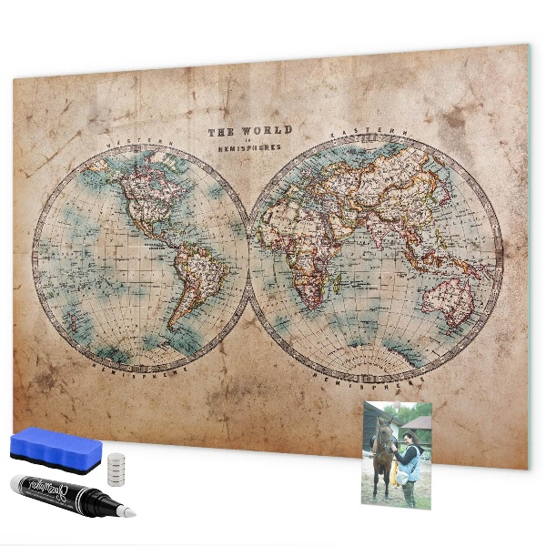 Decoratief glazen wandbord beschrijfbaar en magnetisch Wereldkaart met ruimte voor foto's