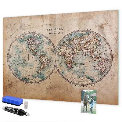 Decoratief glazen wandbord beschrijfbaar en magnetisch Wereldkaart met ruimte voor foto's