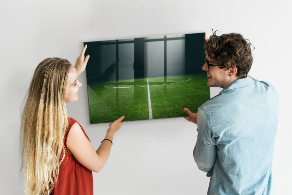 Memobord van glas met print inclusief neodymium magneten Een notitiebord op een groene achtergrond.