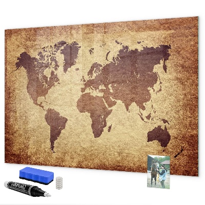 Decoratief glazen wandbord beschrijfbaar en magnetisch Wereldkaart met fotolocaties