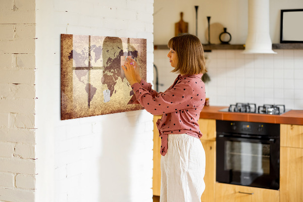 Decoratief glazen wandbord beschrijfbaar en magnetisch Wereldkaart met fotolocaties