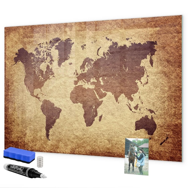 Decoratief glazen wandbord beschrijfbaar en magnetisch Wereldkaart met fotolocaties