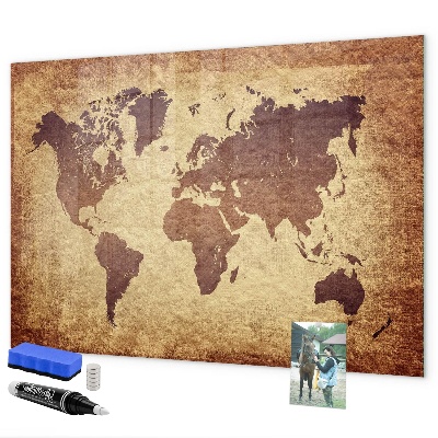 Decoratief glazen wandbord beschrijfbaar en magnetisch Wereldkaart met fotolocaties