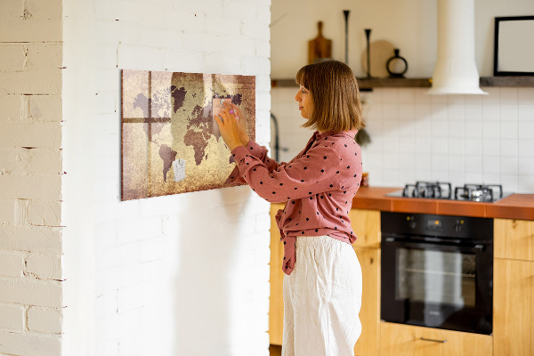 Decoratief glazen wandbord beschrijfbaar en magnetisch Wereldkaart met fotolocaties