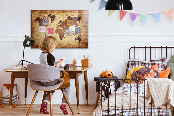 Decoratief glazen wandbord beschrijfbaar en magnetisch Wereldkaart met fotolocaties