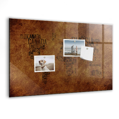 Decoratief glazen wandbord beschrijfbaar en magnetisch Een wereldkaart met persoonlijke herinneringen.