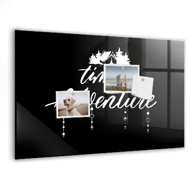 Memobord van glas met print inclusief neodymium magneten Tijd voor avonturen en herinneringen.