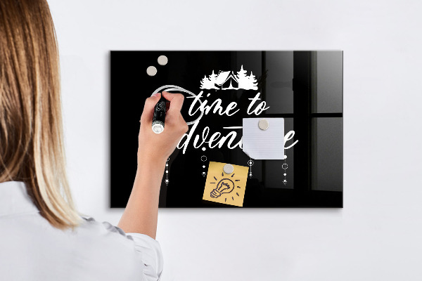 Memobord van glas met print inclusief neodymium magneten Tijd voor avonturen en herinneringen.