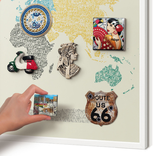 Magnetisch bord voor de muur met witte lijst Wereldkaart
