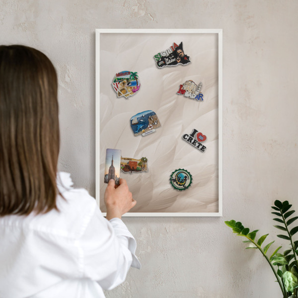 Magnetisch bord van metaal in een witte lijst Crèmekleurige veren
