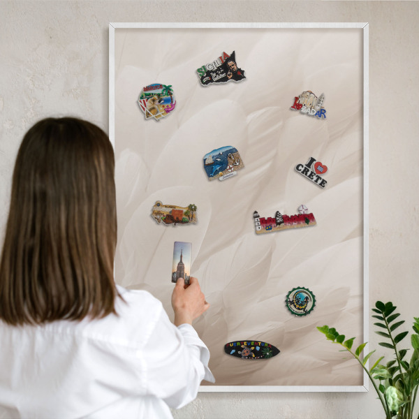 Magnetisch bord van metaal in een witte lijst Crèmekleurige veren
