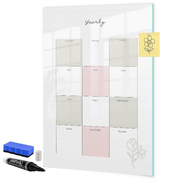 Memobord van glas met print inclusief neodymium magneten Jaarplanner met ruimte voor foto's