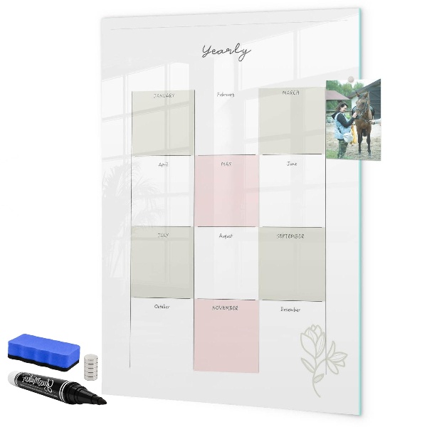 Memobord van glas met print inclusief neodymium magneten Jaarplanner met ruimte voor foto's