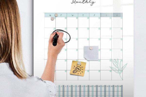 Decoratief glazen wandbord beschrijfbaar en magnetisch Maandplanner met ruimte voor foto's