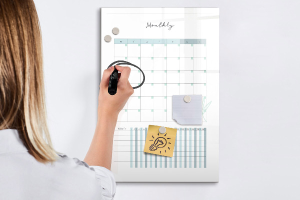 Decoratief glazen wandbord beschrijfbaar en magnetisch Maandplanner met ruimte voor foto's