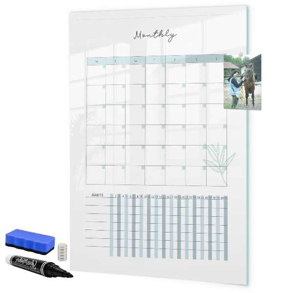 Decoratief glazen wandbord beschrijfbaar en magnetisch Maandplanner met ruimte voor foto's
