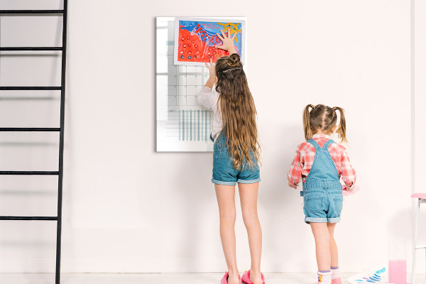 Decoratief glazen wandbord beschrijfbaar en magnetisch Maandplanner met ruimte voor foto's