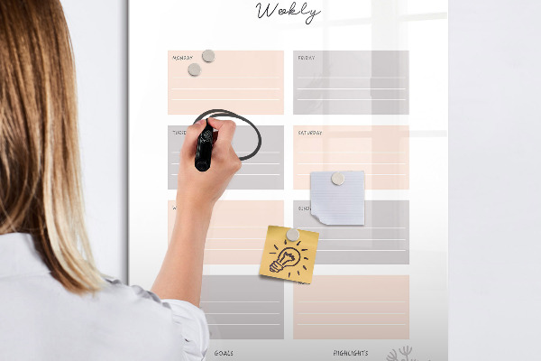 Memobord van glas met print inclusief neodymium magneten Weekplanner met ruimte voor foto's