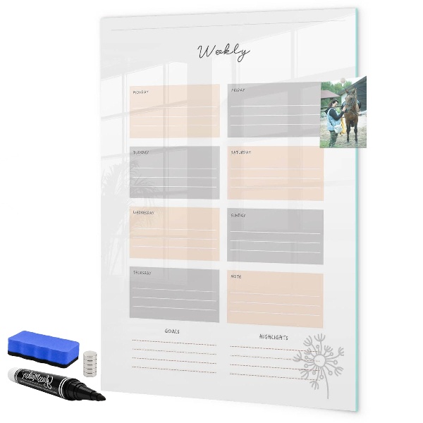 Memobord van glas met print inclusief neodymium magneten Weekplanner met ruimte voor foto's