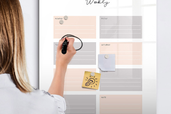 Memobord van glas met print inclusief neodymium magneten Weekplanner met ruimte voor foto's
