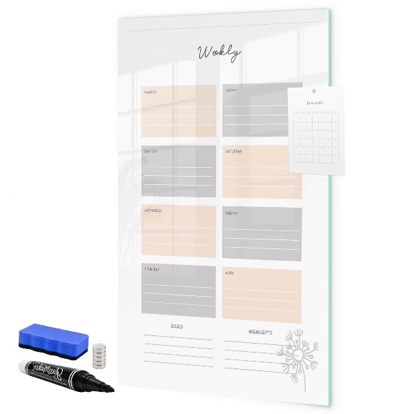 Memobord van glas met print inclusief neodymium magneten Weekplanner met ruimte voor foto's