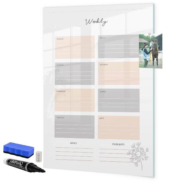 Memobord van glas met print inclusief neodymium magneten Weekplanner met ruimte voor foto's