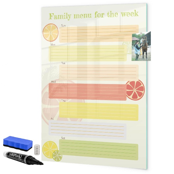 Memobord van glas met print inclusief neodymium magneten Maaltijdplan voor het gezin voor deze week