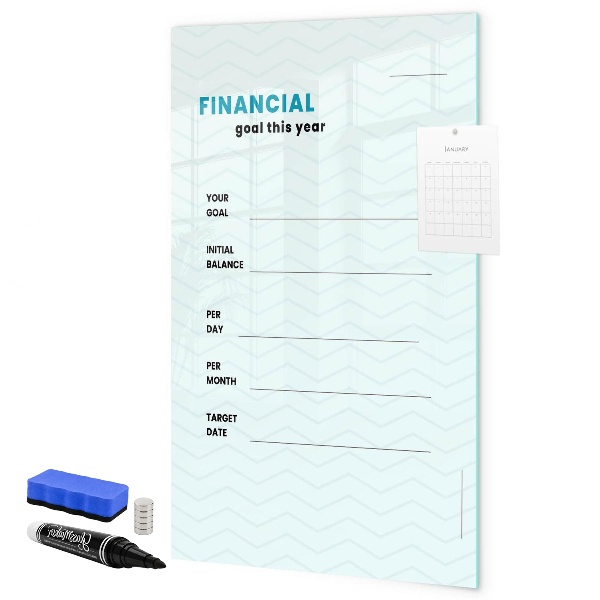 Decoratief glazen wandbord beschrijfbaar en magnetisch Financieel plan voor dit jaar