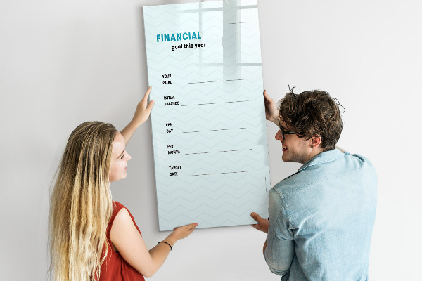 Decoratief glazen wandbord beschrijfbaar en magnetisch Financieel plan voor dit jaar