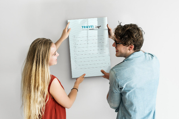Decoratief glazen wandbord beschrijfbaar en magnetisch Reiswenslijst met inspiratie