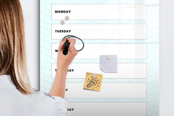 Memobord van glas met print inclusief neodymium magneten Weekplanner met ruimte voor foto's