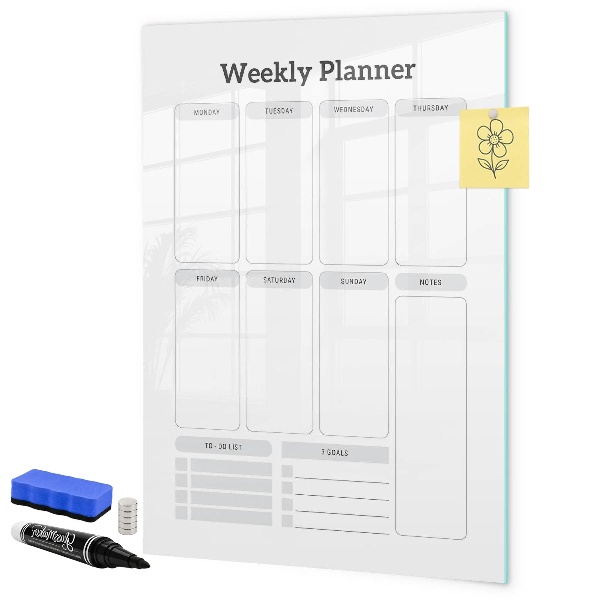 Memobord van glas met print inclusief neodymium magneten Weekplanner met ruimte voor foto's