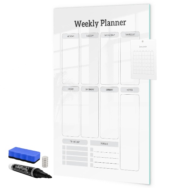 Memobord van glas met print inclusief neodymium magneten Weekplanner met ruimte voor foto's