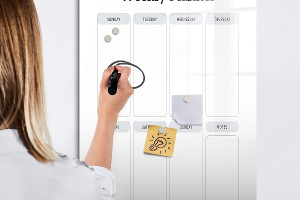 Memobord van glas met print inclusief neodymium magneten Weekplanner met ruimte voor foto's
