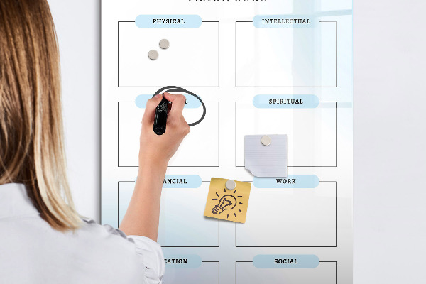 Decoratief glazen wandbord beschrijfbaar en magnetisch Visionboard voor persoonlijke doelen