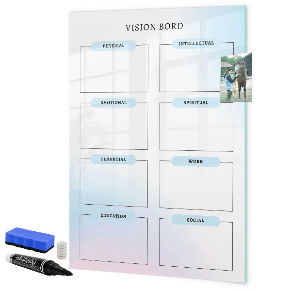 Decoratief glazen wandbord beschrijfbaar en magnetisch Visionboard voor persoonlijke doelen