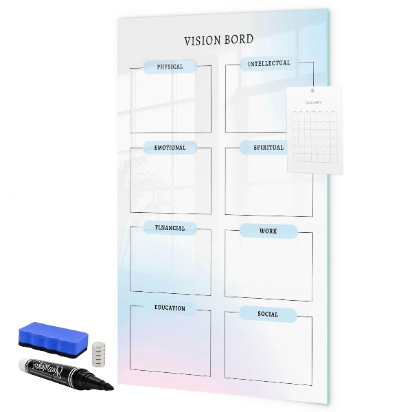 Decoratief glazen wandbord beschrijfbaar en magnetisch Visionboard voor persoonlijke doelen
