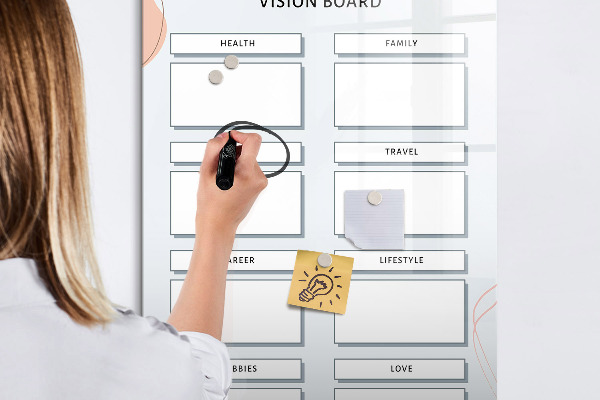 Memobord van glas met print inclusief neodymium magneten Een visionboard voor een beter leven.