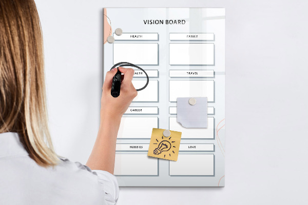 Memobord van glas met print inclusief neodymium magneten Een visionboard voor een beter leven.