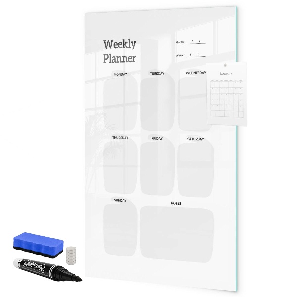 Decoratief glazen wandbord beschrijfbaar en magnetisch Weekplanner met ruimte voor foto's