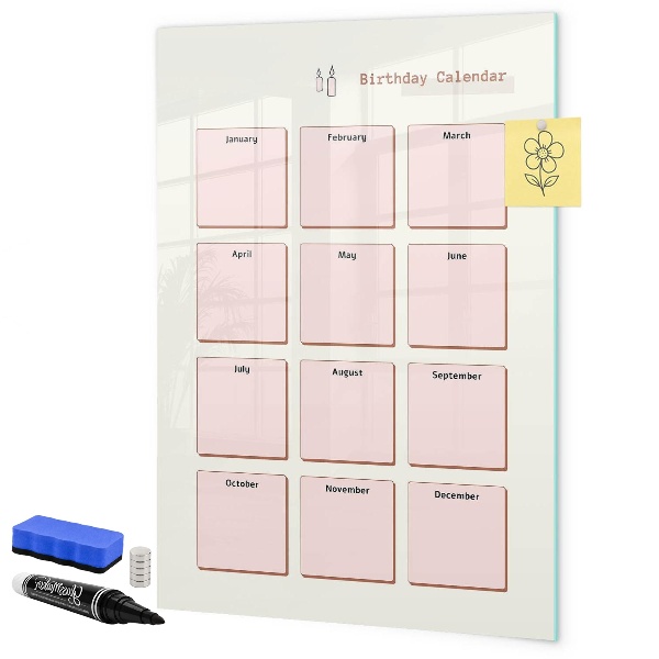 Decoratief glazen wandbord beschrijfbaar en magnetisch Verjaardagskalender met ruimte voor foto's