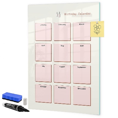 Decoratief glazen wandbord beschrijfbaar en magnetisch Verjaardagskalender met ruimte voor foto's