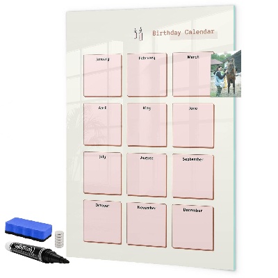 Decoratief glazen wandbord beschrijfbaar en magnetisch Verjaardagskalender met ruimte voor foto's