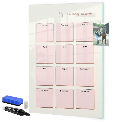 Decoratief glazen wandbord beschrijfbaar en magnetisch Verjaardagskalender met ruimte voor foto's